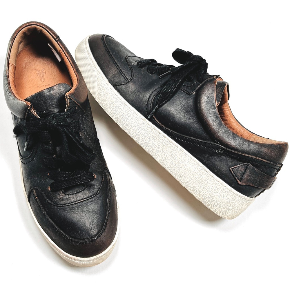 Frye Womans Sneakers Brown Black Brown Leather Distressed Sneakers US 7.5